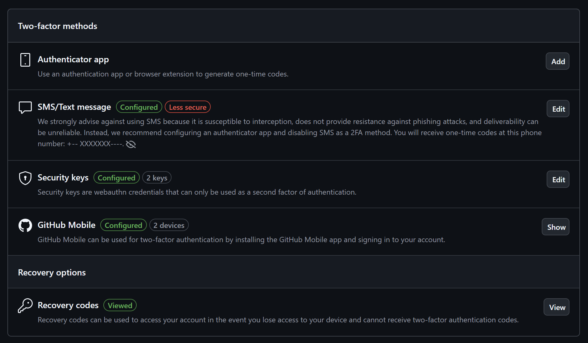 GitHub 2FA listing showing that SMS, Security Key and GitHub Mobile is setup and SMS has a note that it's "less secure"